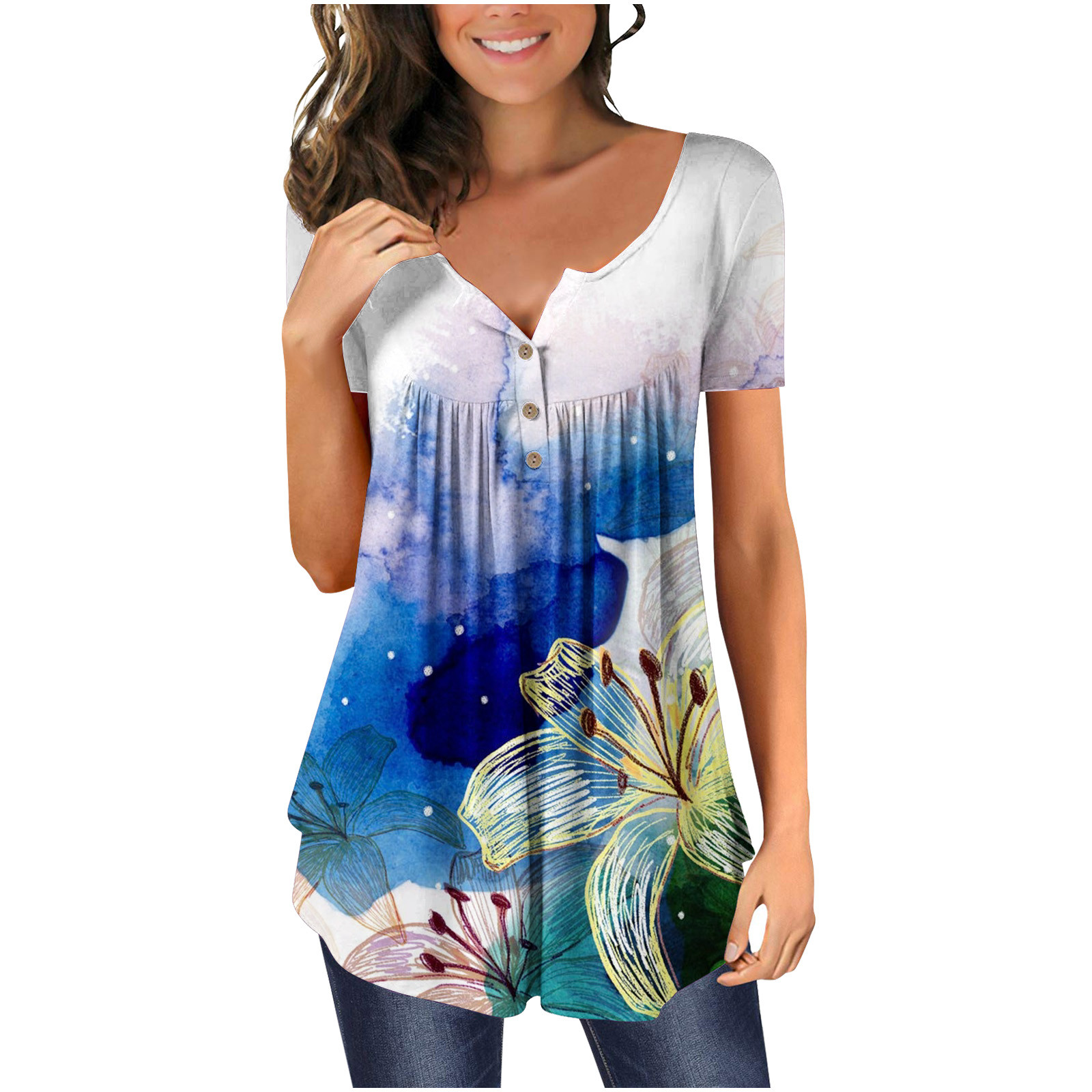 Fatuov Womens Plus Size Tops Summer Savings Short Sleeve Floral Graphic T-Shirts Dressy Casual Pleated Button V-Neck Blouses Blue